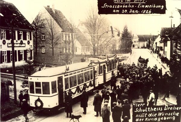 Die erste Straßenbahn bei der Seestraße (30.12.1926)